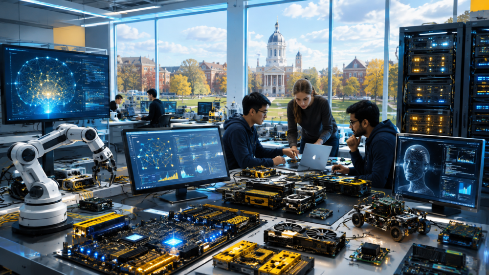 Modern AI and computer engineering research laboratory at the University of Missouri featuring AI hardware, GPUs, FPGA development boards, and researchers collaborating on trustworthy AI and Generative AI systems.